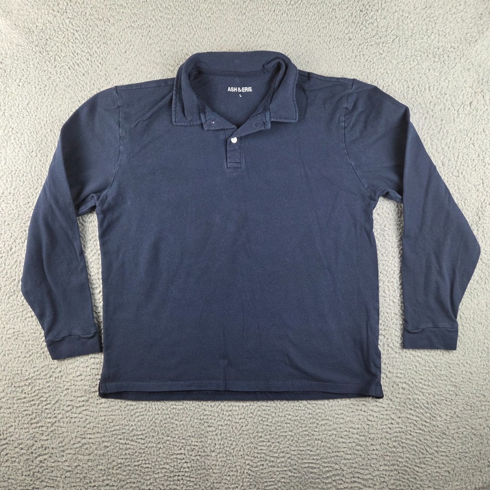 Ash & Erie Polo L/S Shirt Mens Large Blue Pique Knit Pima Cotton Stretch